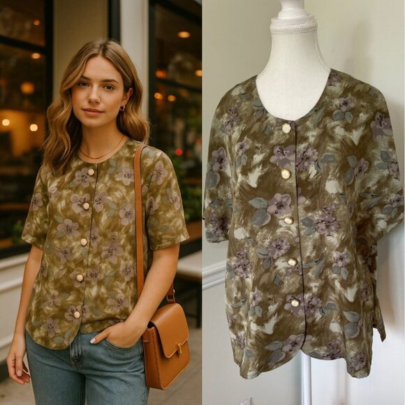 Vintage Abstract Floral Button Down Blouse - Picture 1 of 9